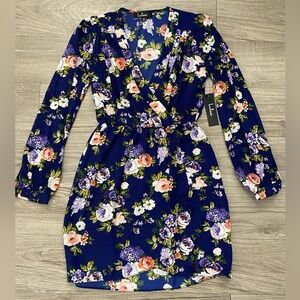 Lulu's Royal Blue Floral Wrap Dress with Long Sleeves
